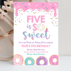 2 Editable Donut Five Is Sweet Birthday Invitation Girl Donut 5th Birthday Party Pink Donut Birthday Party