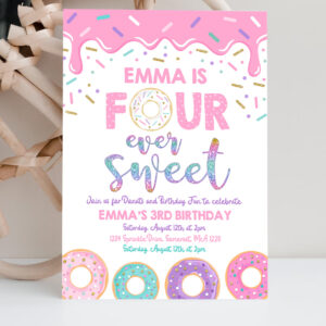 2 Editable Donut Four Ever Sweet Birthday Invitation Girl Donut 4th Birthday Party Pink Donut Birthday Party