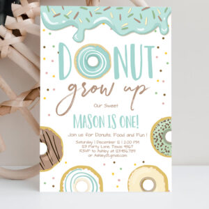 2 Editable Donut Grow Up Birthday Invitation First Birthday Party Blue Boy Doughnut 1st Pastel Instant Download Printable Template