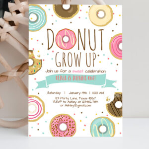 2 Editable Donut Grow Up Birthday Invitation First Birthday Party Pink Girl Doughnut Sweet Digital Download Printable Template