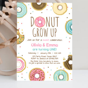 2 Editable Donut Grow Up Birthday Invitation Twin First Birthday Party Pink Girl Twins Doughnut Sweet Download Printable Template Corjl 0050 1