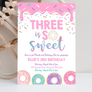 2 Editable Donut Three Is Sweet Birthday Invitation Girl Donut 3rd Birthday Party Pink Donut Birthday Party