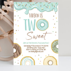2 Editable Donut Two Sweet Birthday Invitation Second Birthday Party Blue Boy Doughnut 2nd Pastel Download Printable Template Corjl 0320 1