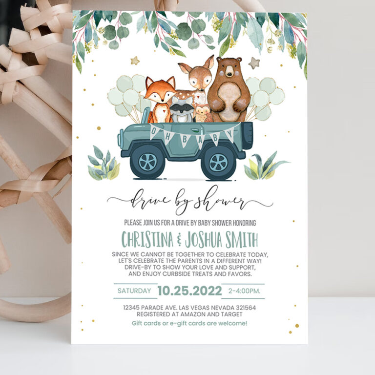 2 Editable Drive By Baby Shower Invite Woodland Animal Drive Through Shower Invite Social Distancing Drive Thru Gender Party Invite