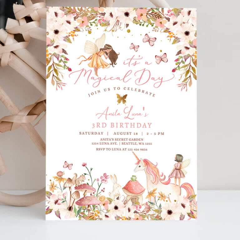 2 Editable Enchanted Magical Unicorn Fairy Birthday Invitation Garden Forest Animals Floral Fairy Birthday Invite