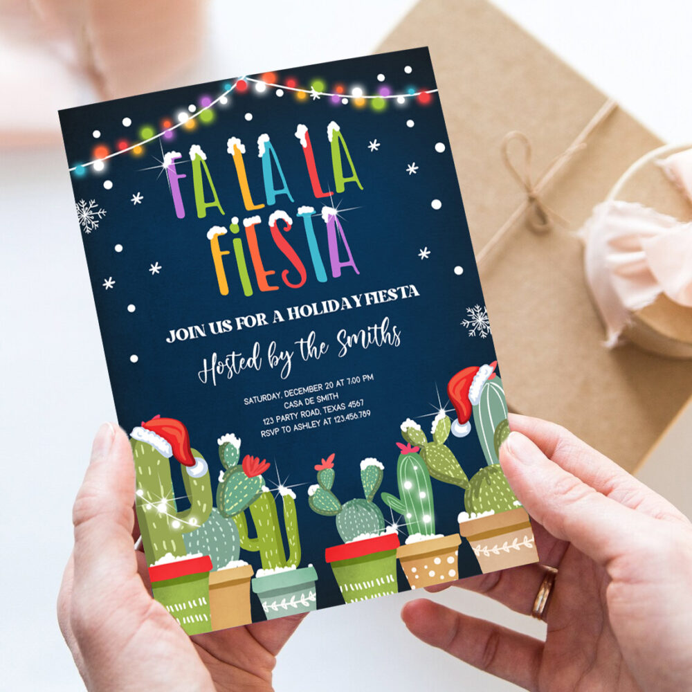 2 Editable Fa La La Fiesta Christmas Invitation Cactus Mexican Holiday Feliz Navidad Xmas Party Invite Digital Printable Corjl Template 0273 1