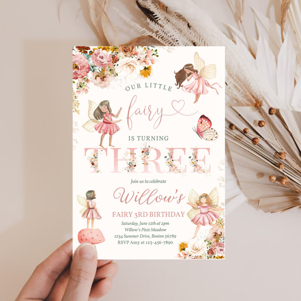 2 Editable Fairy Birthday Invitation Whimsical Pink Wildflower Fairy 3rd Birthday Magical Floral Fairy Garden Birthday Instant Download Editable WF 1