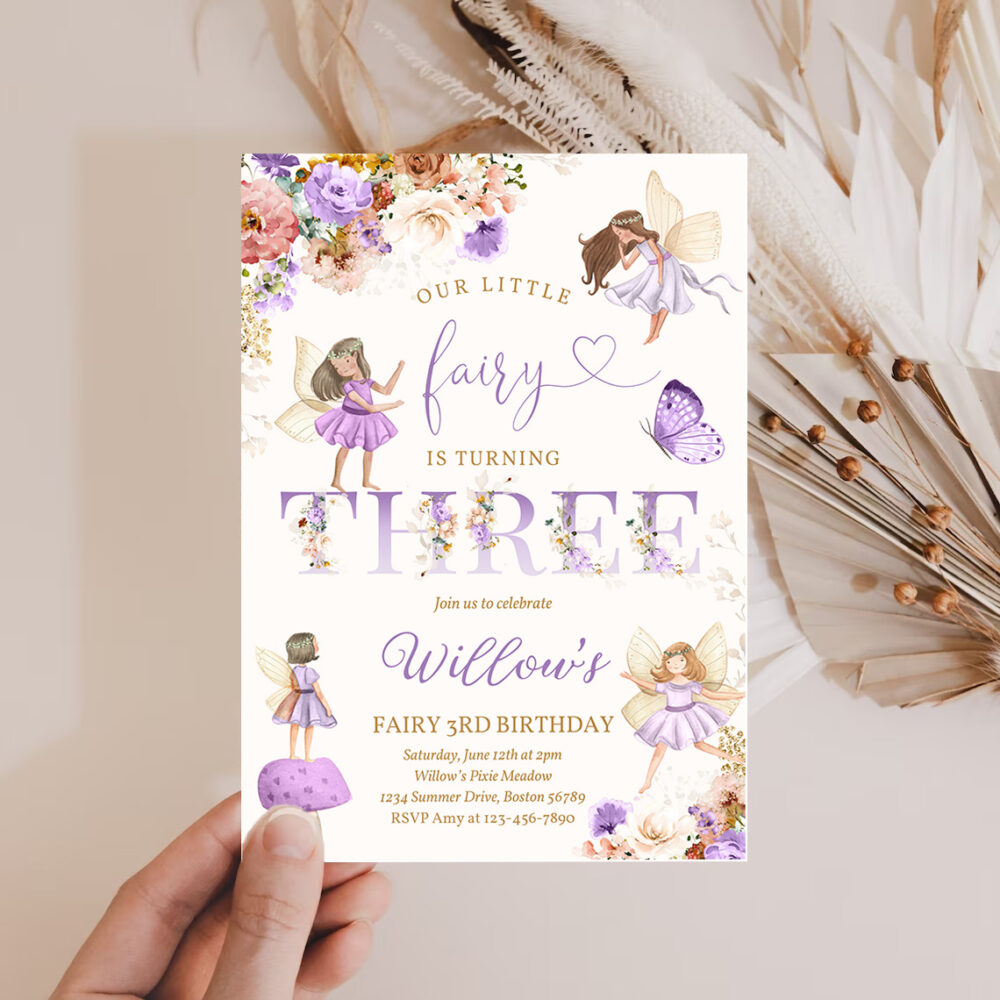 2 Editable Fairy Birthday Invitation Whimsical Violet Wildflower Fairy 3rd Birthday Magical Floral Fairy Garden Birthday Instant Download Editable WF 1