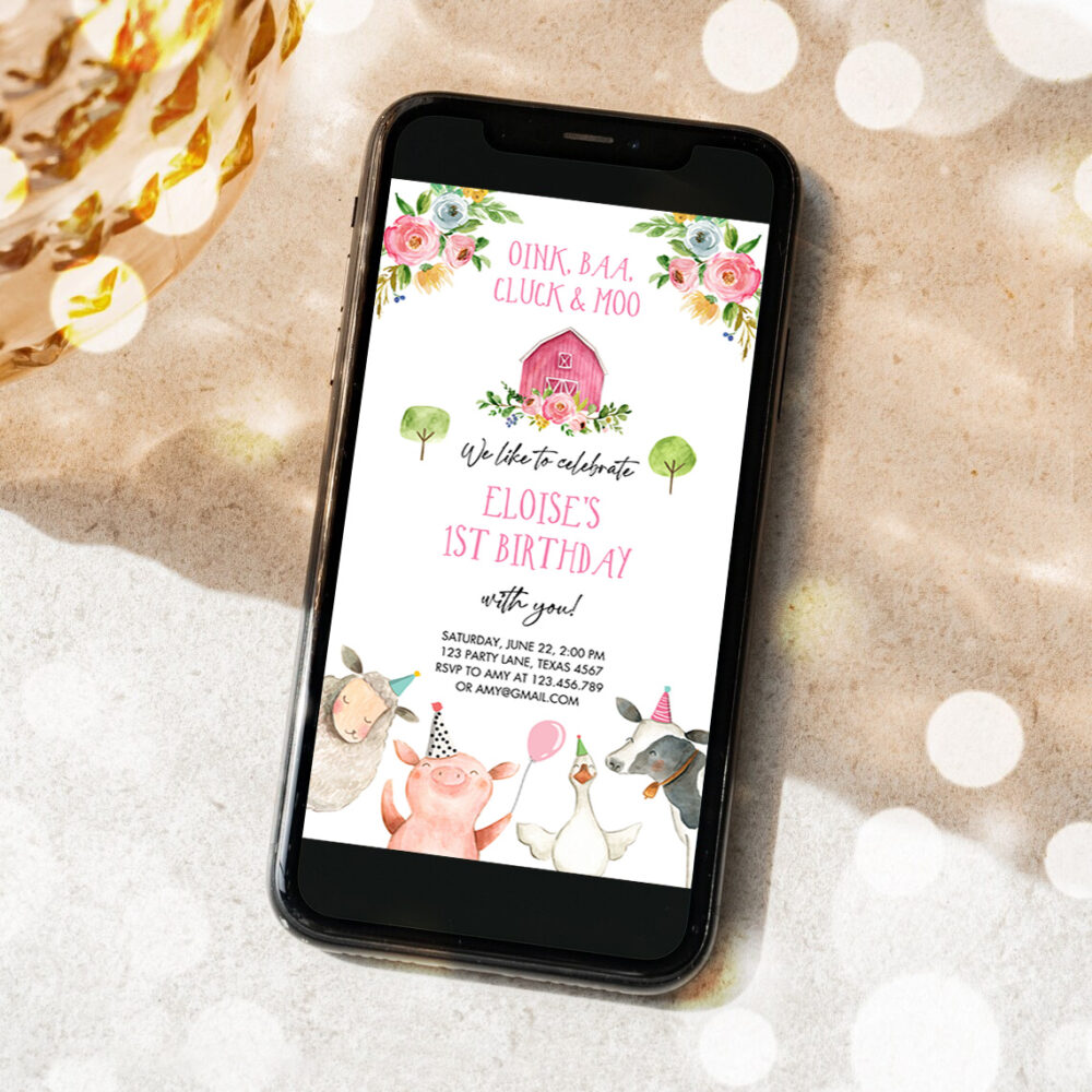 2 Editable Farm Birthday Evite Girl Farm Animals Pink Floral Barnyard Party Invitation Download Phone Invitation