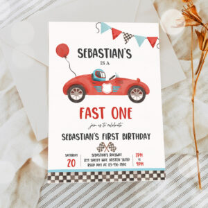 2 Editable Fast One Race Car 1st Birthday Invitation Race Car Fast One Birthday Boy Vintage Red Race Car 1st Birthday