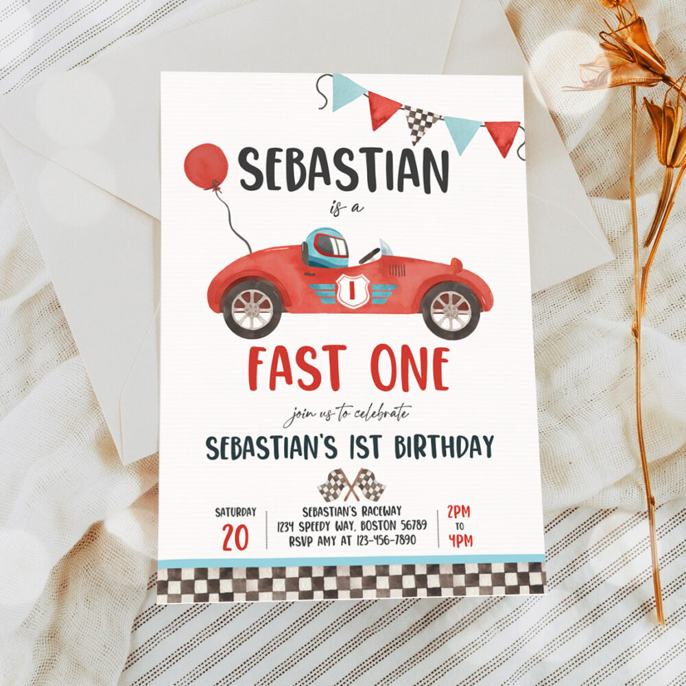 2 Editable Fast One Race Car 1st Birthday Invitation Race Car Fast One Birthday Boy Vintage Red Race Car 1st Birthday Instant Download VR 1