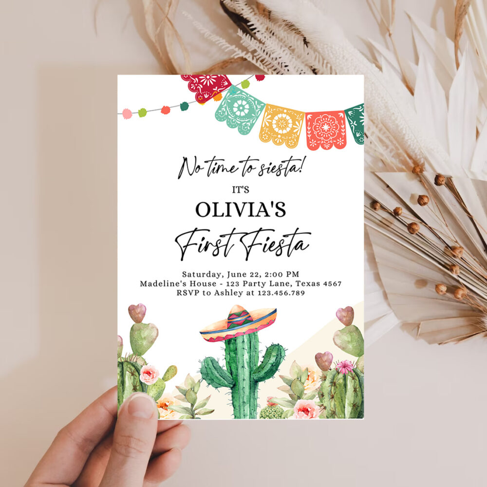 2 Editable Fiesta Invitation First Fiesta Birthday Mexican Cactus Succulent Desert Floral Girl Kids Printable Invitation Template Corjl 0404 1