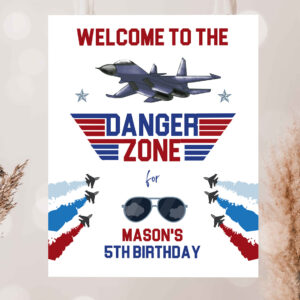 2 Editable Fighter Pilot Birthday Party Welcome Sign Danger Zone Aviator Airplane Boy First 1st Fighter Jet Decor Corjl Template Printable 0469 1