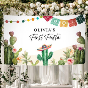 2 Editable First Fiesta Birthday Backdrop Banner Mexican Cactus Succulent Desert Floral Girl Shower Download Corjl Template Printable 0404 1