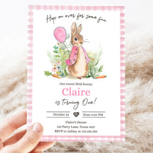 2 Editable Flopsy Bunny Birthday Party Invitation Girl Pink Rustic Peter Rabbit 1st Birthday Invite Hop on Over Corjl Template Printable 0351 1
