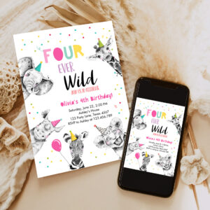 2 Editable Four Ever Wild Birthday Party Invitation Girl Pink Gold Safari Party Animals Fourth Birthday 4th Printable Template Digital Corjl 0390 1