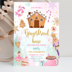 2 Editable Gingerbread House Decorating Party Invitation Land of Sweets Pink Gold Cookie Decorating Download Printable Template Corjl 0352 1