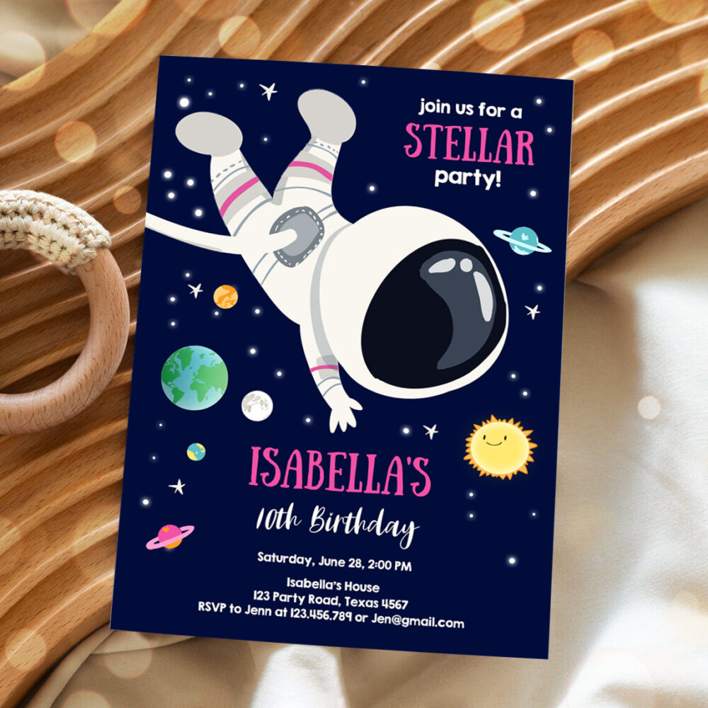 2 Editable Girl Space Birthday Party Invitation Outer Space Galaxy Planets and Stars Girly Download Printable Template Digital Corjl 0259 1