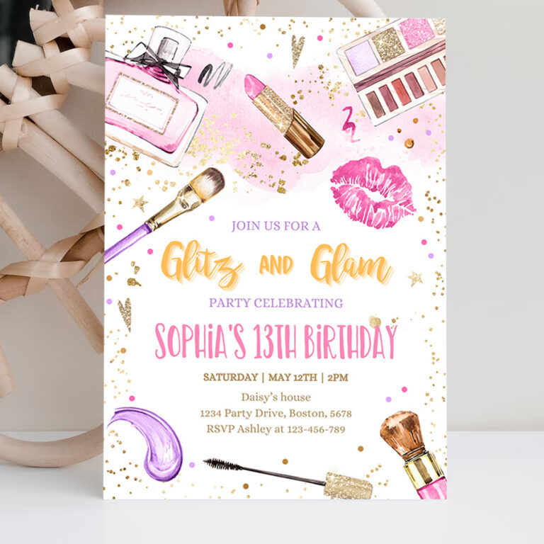 2 Editable Glitz And Glam Birthday Party Invitation Spa Makeup Birthday Party Invitation Blush Pink Gold Spa Tween Party