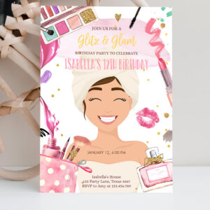 2 Editable Glitz and Glam Birthday Invitation Spa Party Makeup Birthday Invitation Pink Gold Girl Download Printable Template Corjl 0420 1