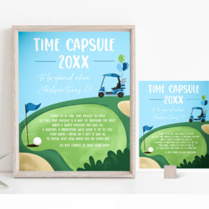 2 Editable Golf Time Capsule First Birthday Party Hole in One Birthday First Par tee Guestbook Boy Golfing Template Printable Corjl 0405 1