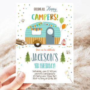 2 Editable Happy Camper Birthday Invitation Boy Birthday Camping Party Smore Forest Glamping Download Printable Template Digital Corjl 0342 1