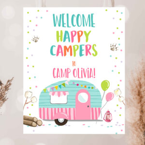 2 Editable Happy Camper Welcome Sign Camp Birthday Party Girl Party 0342 1
