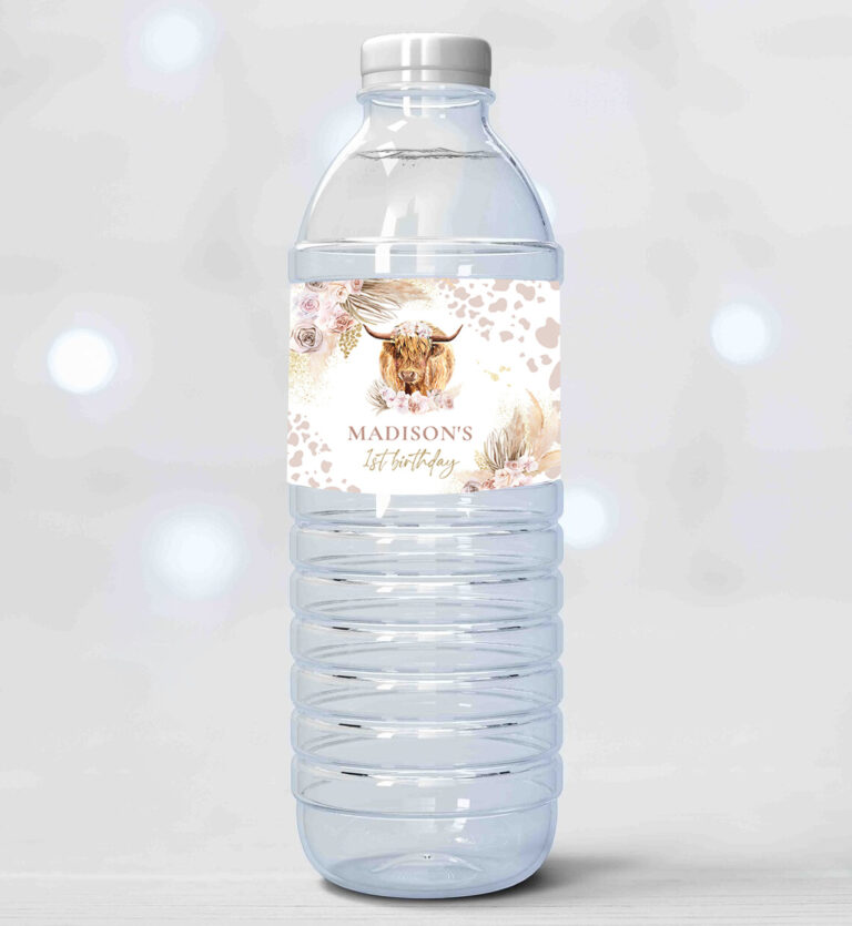 2 Editable Highland Cow Birthday Party Water Bottle Labels Holy Cow Birthday Decor Boho Pampas Grass Cow Birthday Instant Download Editable K4 1