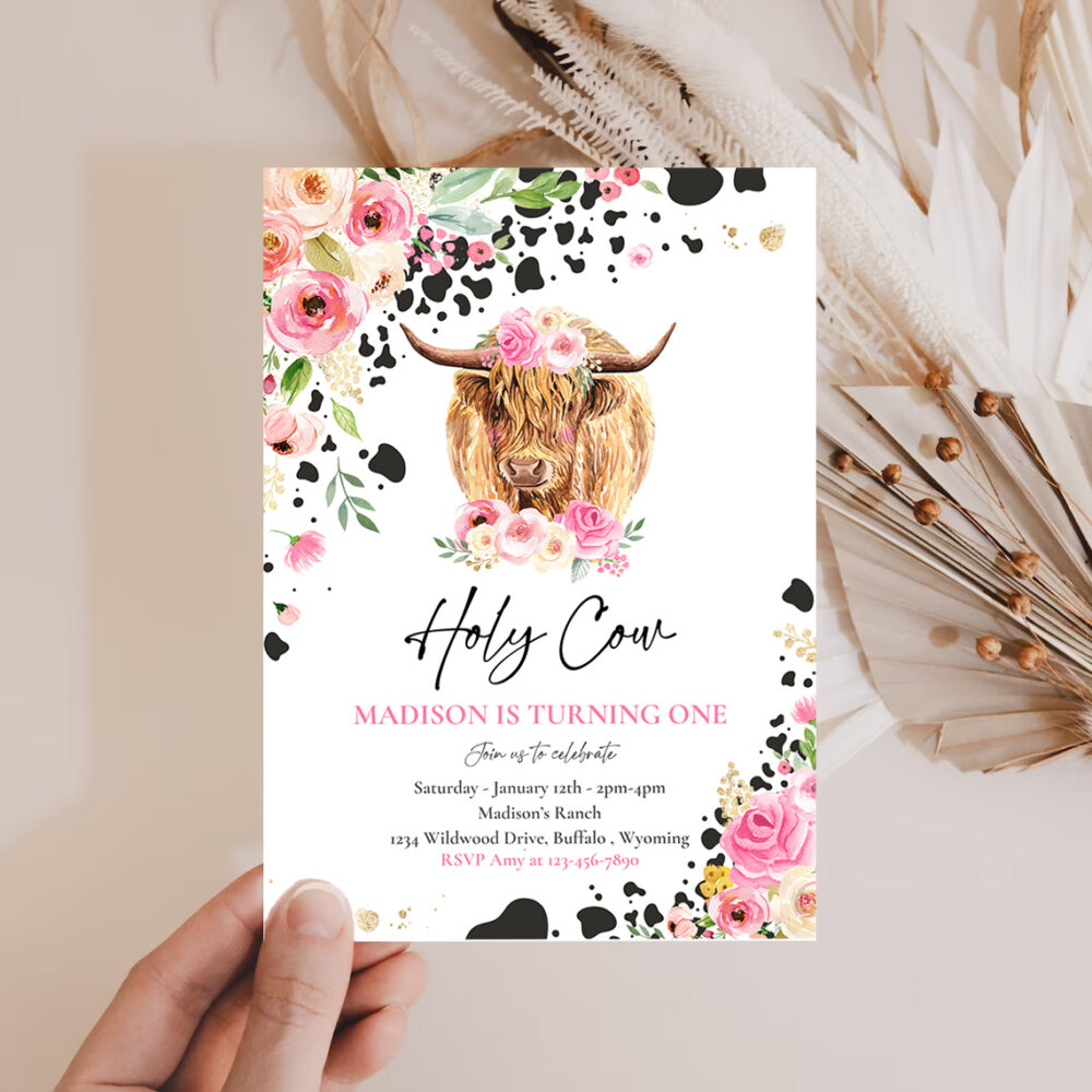 2 Editable Holy Cow Im One 1st Birthday Party Invitation Pink Floral Farm Ranch Highland Cow 1st Birthday Party