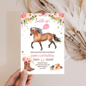 2 Editable Horse Birthday Invitation Girl Saddle Up Watercolor Cowgirl Horse Party Invite Pink Floral Download Printable Template Corjl 0408 1