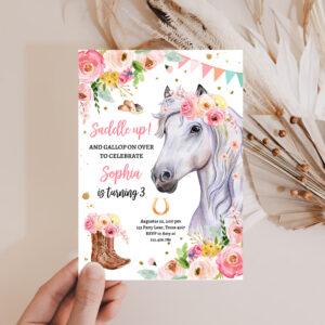 2 Editable Horse Birthday Party Invitation Girl Saddle Up Watercolor Cowgirl Party Horse Invite Pink Floral Download Printable Template Corjl 0408 1