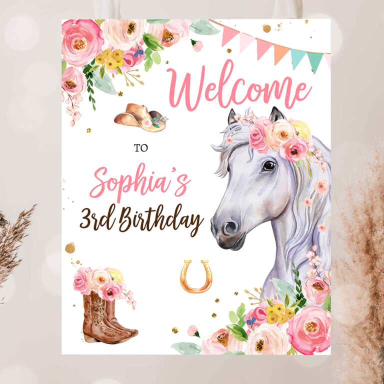 2 Editable Horse Birthday Welcome Sign Pony Birthday Welcome Sign Cowgirl Party Floral Girl Horse Party Download Template Corjl PRINTABLE 0408 1