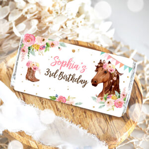 2 Editable Horse Chocolate Bar Labels Candy Bar Wrapper Horse Birthday Cowgirl Floral Girl Saddle Up Download Corjl Template Printable 0408 1