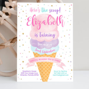 2 Editable Ice Cream Birthday Invitation First Birthday Party Heres the Scoop Cone Pink Mint Gold Purple Printable Template