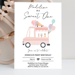 2 Editable Ice Cream Truck Birthday Invitation Ice Cream Sweet One Modern 1st Birthday Party First