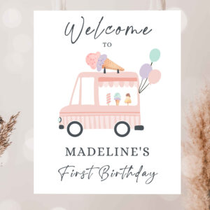 2 Editable Ice Cream Truck Party Welcome Sign Ice Cream Birthday Welcome Scoop Modern Girl Summer Pink Purple Template