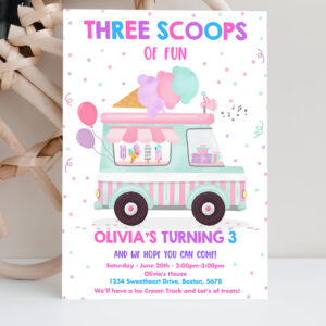 2 Editable Ice Cream Truck Three Scoops Of Fun 3rd Birthday Party Invitation Ice Cream 3rd Birthday Three Scoops Of Fun