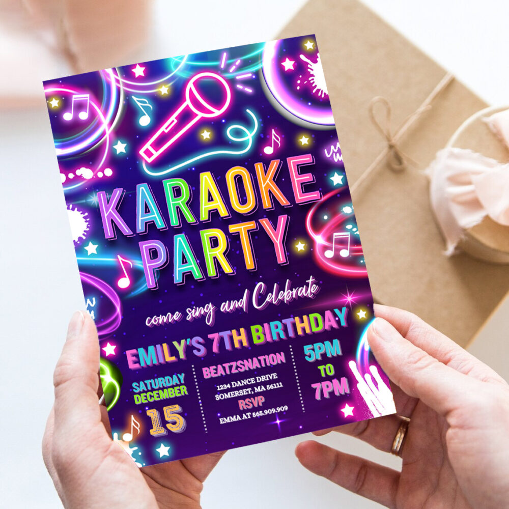 2 Editable Karaoke Birthday Party Invitation Neon Glow Karaoke Birthday Party Neon Singing Music Birthday Party Glow Party