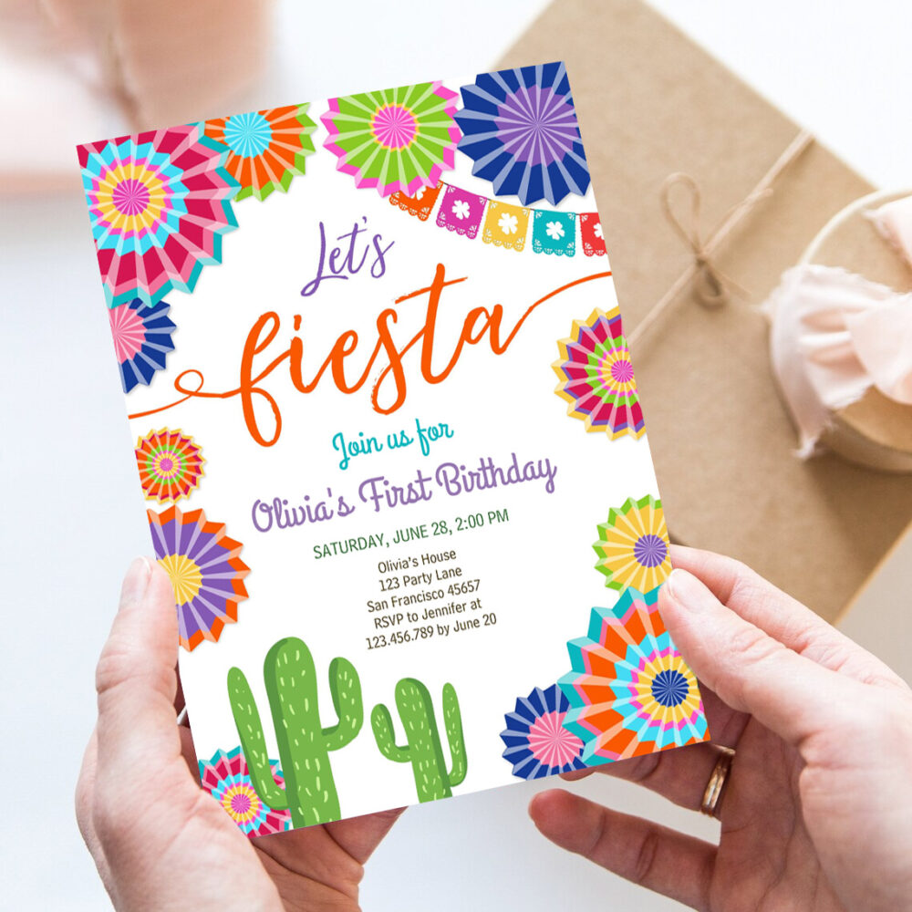 2 Editable Lets Fiesta Birthday Invitation ANY AGE Girl First Birthday Uno Cactus Cinco Mayo Mexican Download Corjl Template Printable 0236 1