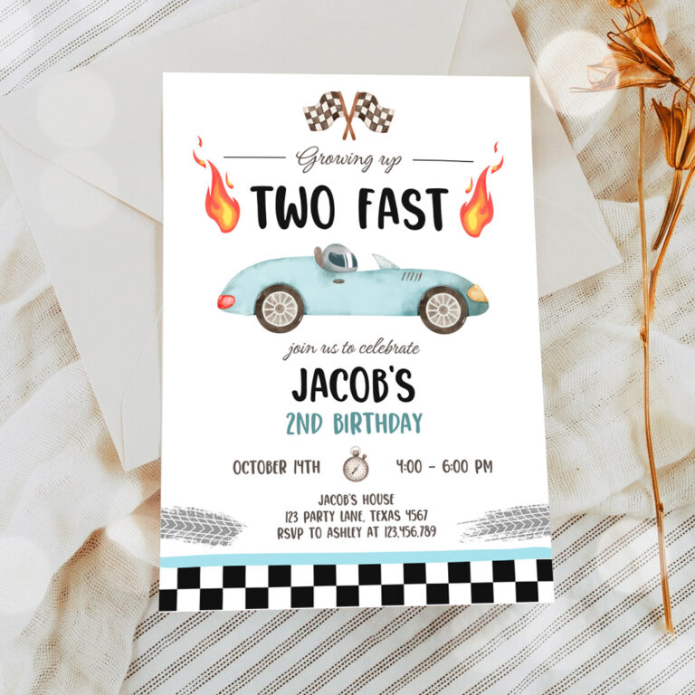 2 Editable Light Blue Racing Car Birthday Invitation Growing Up Two Fast Invite Second Birthday 2nd Boy Party Invitation