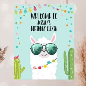 2 Editable Llama Welcome Sign Sunglasses Birthday Party Whole Llama Alpaca Poster Blue Boy Mexican Fiesta Baby Shower Corjl Template 0079 1