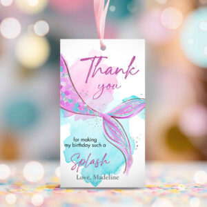 2 Editable Mermaid Birthday Favor Tags Under The Sea Thank You Mermaid Party Girl Pink Purple Silver Download Template Corjl PRINTABLE 0403 1