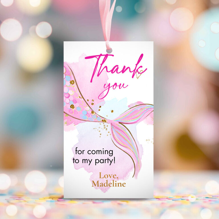 2 Editable Mermaid Birthday Favor Tags Under The Sea Thank you tags Mermaid Party Girl Blush Pink Gold Download Template Corjl PRINTABLE 0403 1
