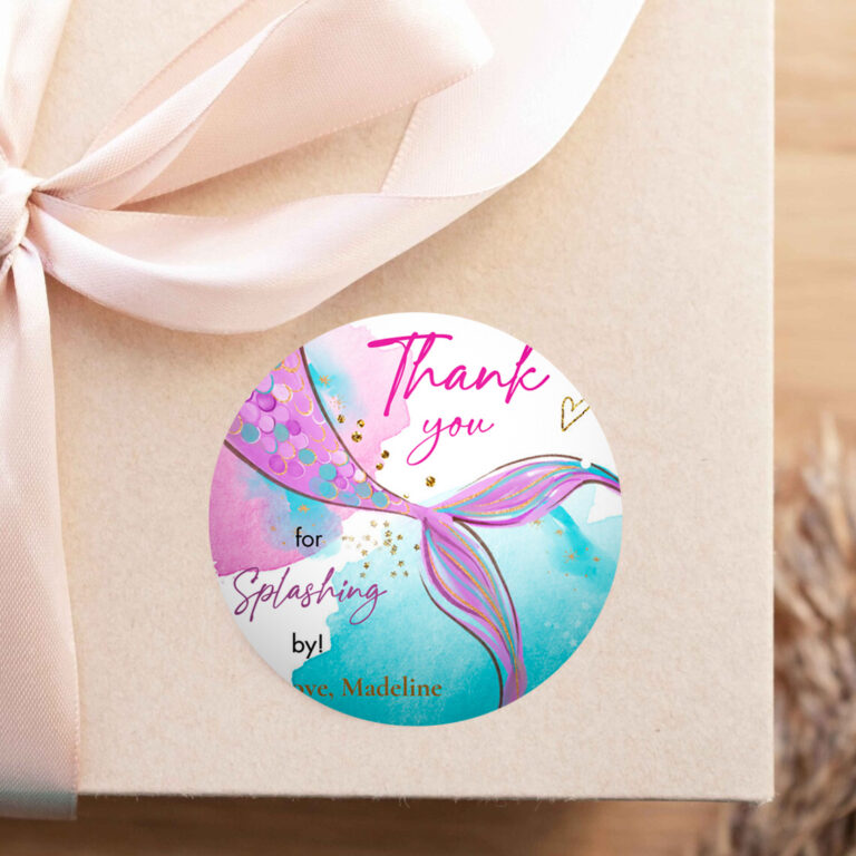 2 Editable Mermaid Birthday Favor Tags Under The Sea Thank you tags Mermaid Party Mermaid Stickers Pink Download Template Corjl PRINTABLE 0403 1