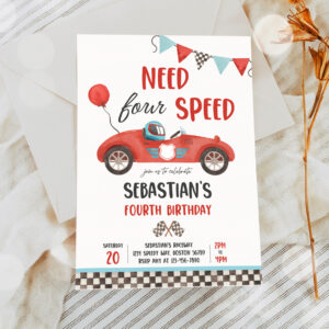 2 Editable Need Four Speed Race Car 4th Birthday Invitation Boy Vintage Red Race Car 4th Birthday Party Need 4 Speed Party