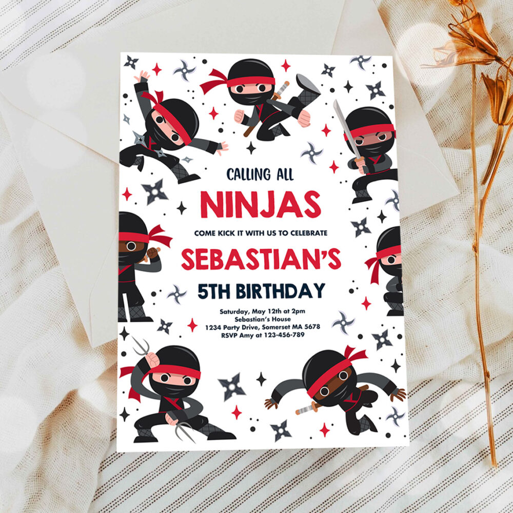 2 Editable Ninja Birthday Party Invitation Karate Birthday Invitation Warrior Birthday Party Martial Arts Ninja Red Party