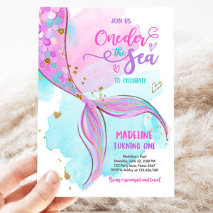 2 Editable ONEder the Sea Birthday Party Invitation Mermaid First Birthday Girl 1st Birthday Pink Gold Download Printable Template Corjl 0403 1