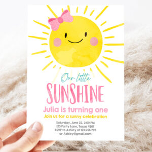 2 Editable Our Little Sunshine Birthday Invitation You Are My Sunshine First Birthday 1st Party Pink Girl Bow Party