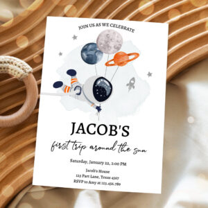 2 Editable Out of This World Birthday Invitation Outer Space Planets Rocket Ship Galaxy Astronaut Orange Boy Corjl Template Printable 0366 1