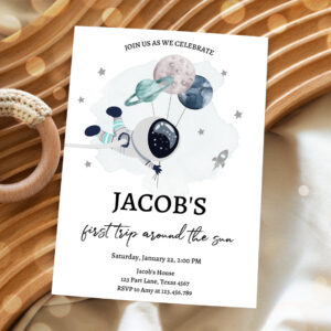 2 Editable Out of This World Birthday Invitation Outer Space Planets Rocket Ship Galaxy Astronaut Silver Boy Corjl Template Printable 0366 1
